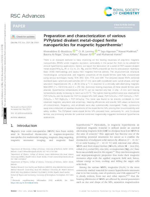 Preparation and characterization of various PVPylated divalent metal-doped ferrite nanoparticles for magnetic hyperthermia Thumbnail