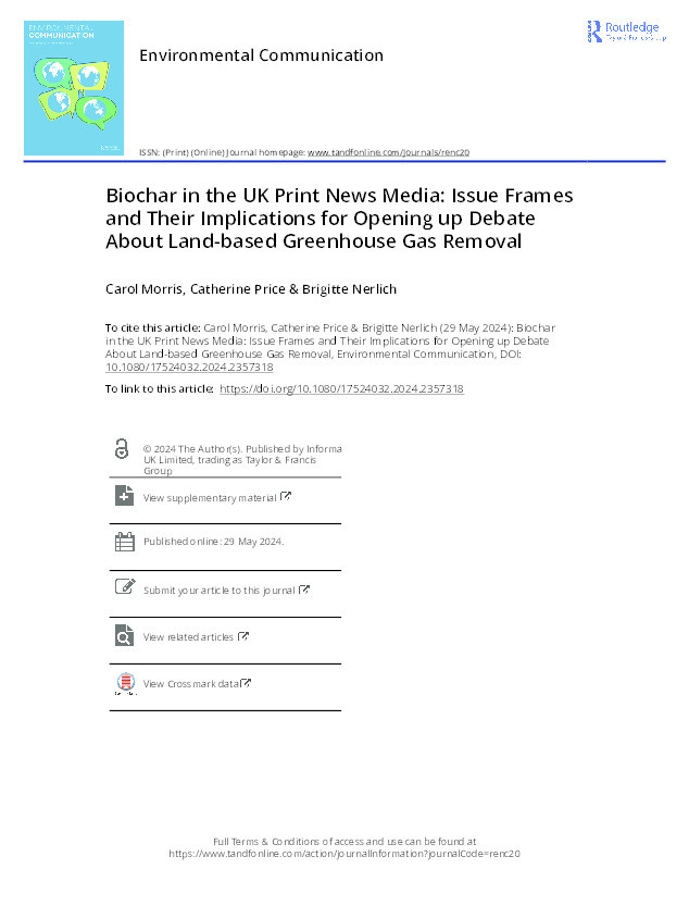 Biochar in the UK Print News Media: Issue Frames and Their Implications for Opening up Debate About Land-based Greenhouse Gas Removal Thumbnail