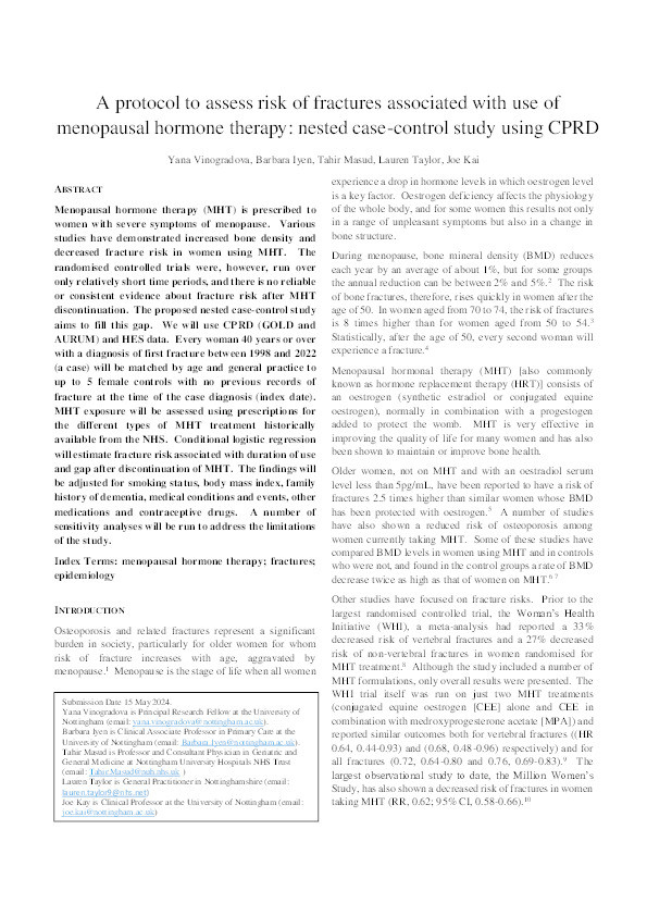 A protocol to assess risk of fractures associated with use of menopausal hormone therapy: nested case-control study using CPRD Thumbnail