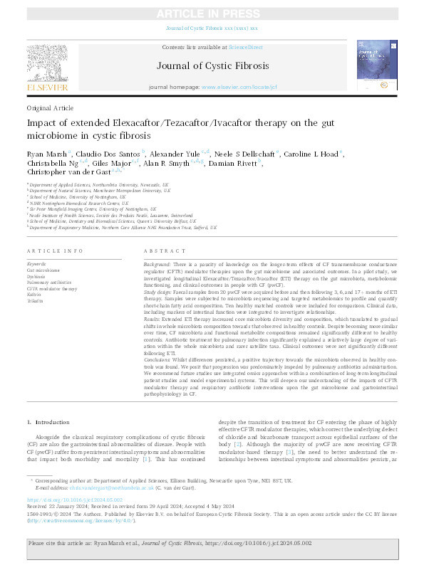 Impact of extended Elexacaftor/Tezacaftor/Ivacaftor therapy on the gut microbiome in cystic fibrosis Thumbnail