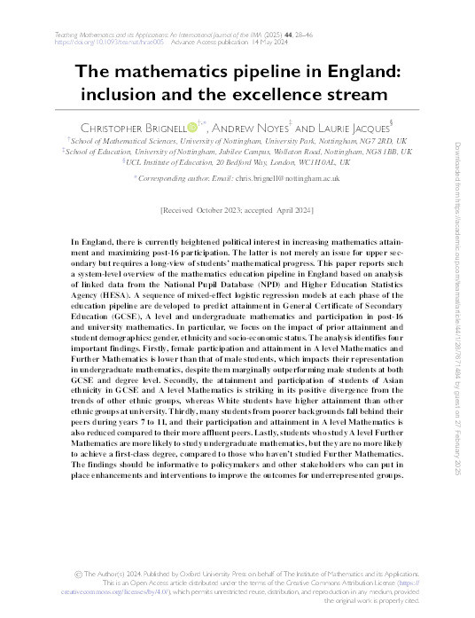 The mathematics pipeline in England: inclusion and the excellence stream Thumbnail