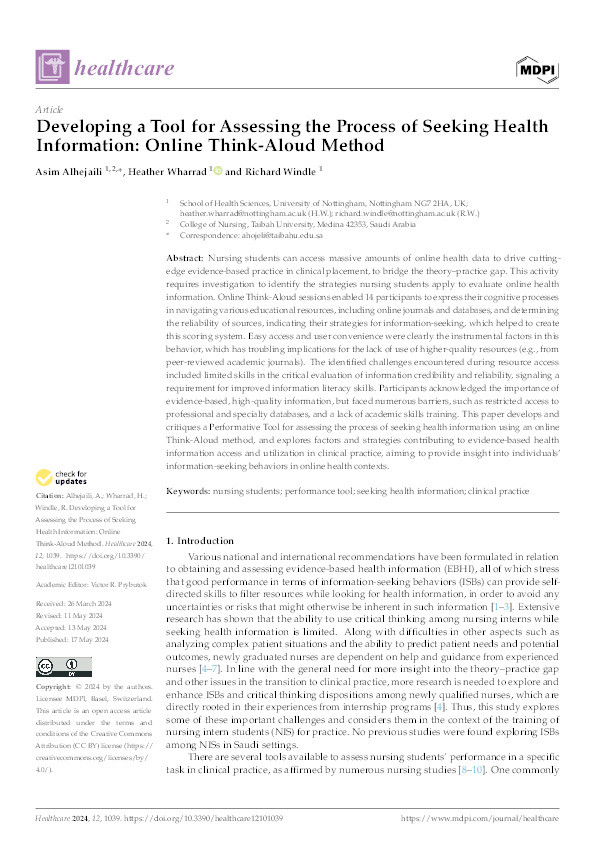 Developing a Tool for Assessing the Process of Seeking Health Information: Online Think-Aloud Method Thumbnail