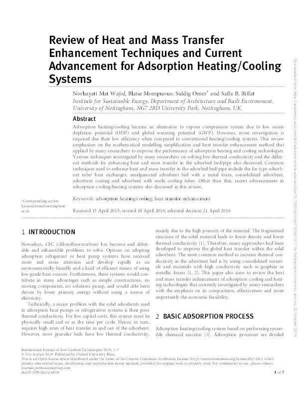 Review of Heat and Mass Transfer Enhancement Techniques and Current Advancement for Adsorption Heating/Cooling Systems Thumbnail