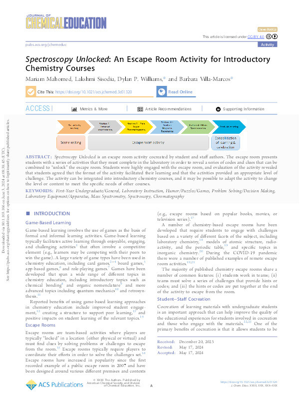 Spectroscopy Unlocked: An Escape Room activity for Introductory Chemistry Courses Thumbnail