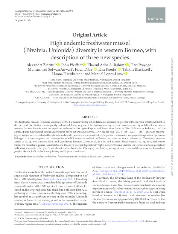 High endemic freshwater mussel (Bivalvia: Unionida) diversity in western Borneo, with description of three new species Thumbnail