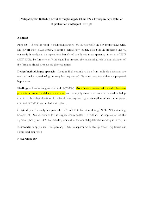 Mitigating the bullwhip effect through supply chain ESG transparency: roles of digitalization and signal strength Thumbnail