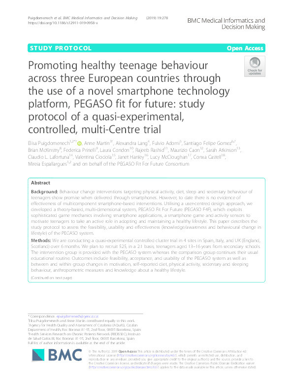 Promoting healthy teenage behaviour across three European countries through the use of a novel smartphone technology platform, PEGASO fit for future: study protocol of a quasi-experimental, controlled, multi-Centre trial Thumbnail