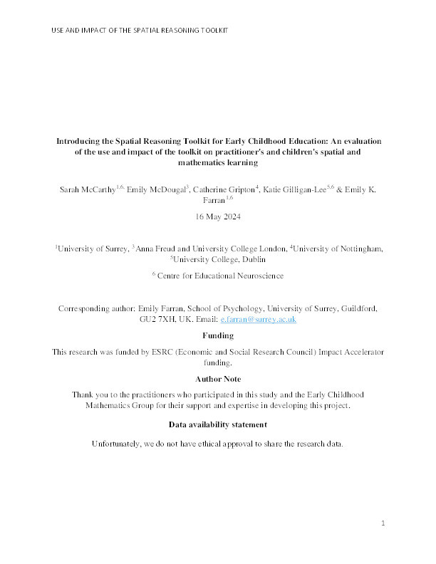 Introducing the Spatial Reasoning Toolkit for Early Childhood Education: An evaluation of the use and impact of the toolkit on practitioner's and children's spatial and mathematics learning Thumbnail