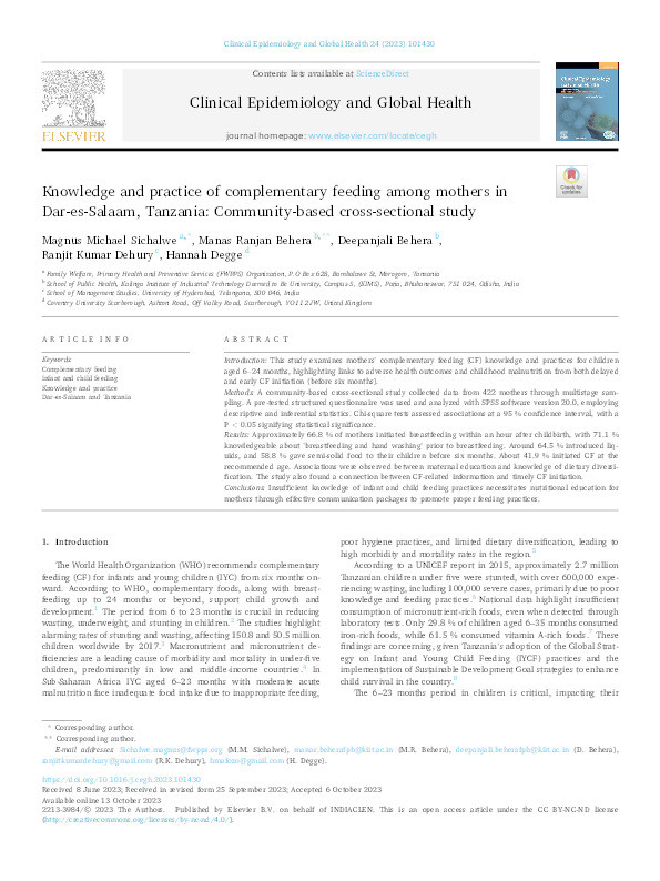 Knowledge and practice of complementary feeding among mothers in Dar-es-Salaam, Tanzania: Community-based cross-sectional study Thumbnail