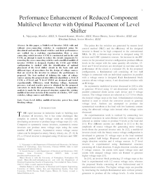 Performance Enhancement of Reduced Component Multilevel Inverter with Optimal Placement of Level Shifter Thumbnail