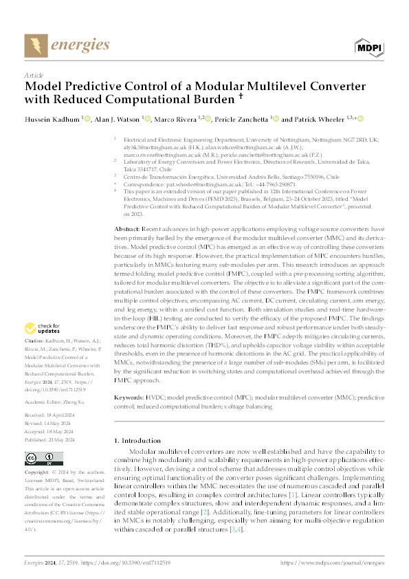 Model Predictive Control of a Modular Multilevel Converter with Reduced Computational Burden Thumbnail