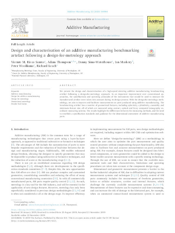 Design and characterisation of an additive manufacturing benchmarking artefact following a design-for-metrology approach Thumbnail