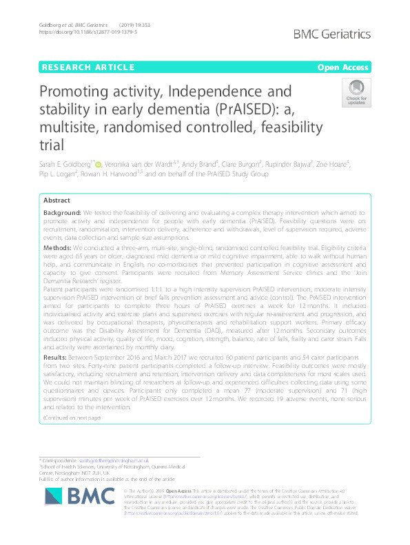 Promoting activity, Independence and stability in early dementia (PrAISED): a, multisite, randomised controlled, feasibility trial Thumbnail