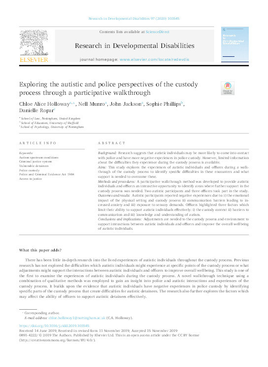 Exploring the autistic and police perspectives of the custody process through a participative walkthrough Thumbnail