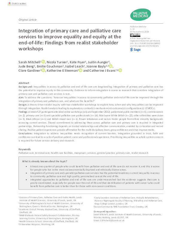 Integration of primary care and palliative care services to improve equality and equity at the end-of-life: Findings from realist stakeholder workshops Thumbnail