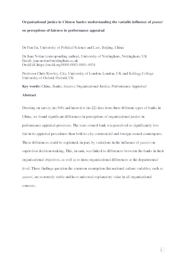 Organizational justice in Chinese banks: understanding the variable influence of guanxi on perceptions of fairness in performance appraisal Thumbnail