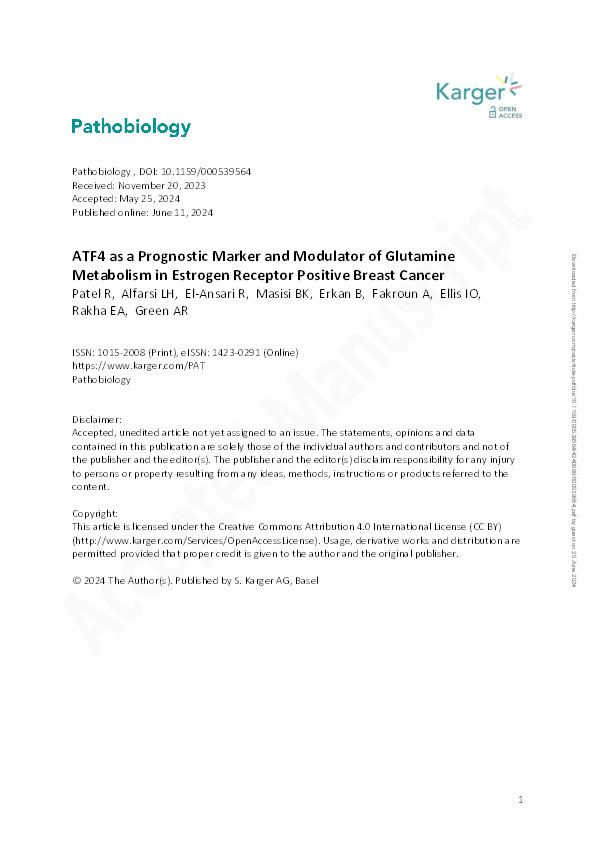 ATF4 as a Prognostic Marker and Modulator of Glutamine Metabolism in Estrogen Receptor Positive Breast Cancer Thumbnail