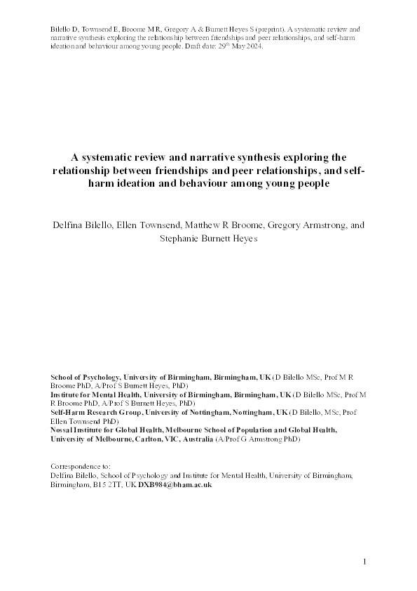 A systematic review and narrative synthesis exploring the relationship between friendships and peer relationships, and self-harm ideation and behaviour among young people Thumbnail