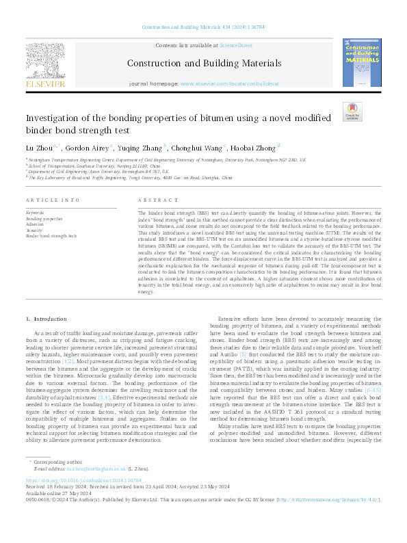 Investigation of the bonding properties of bitumen using a novel modified binder bond strength test Thumbnail