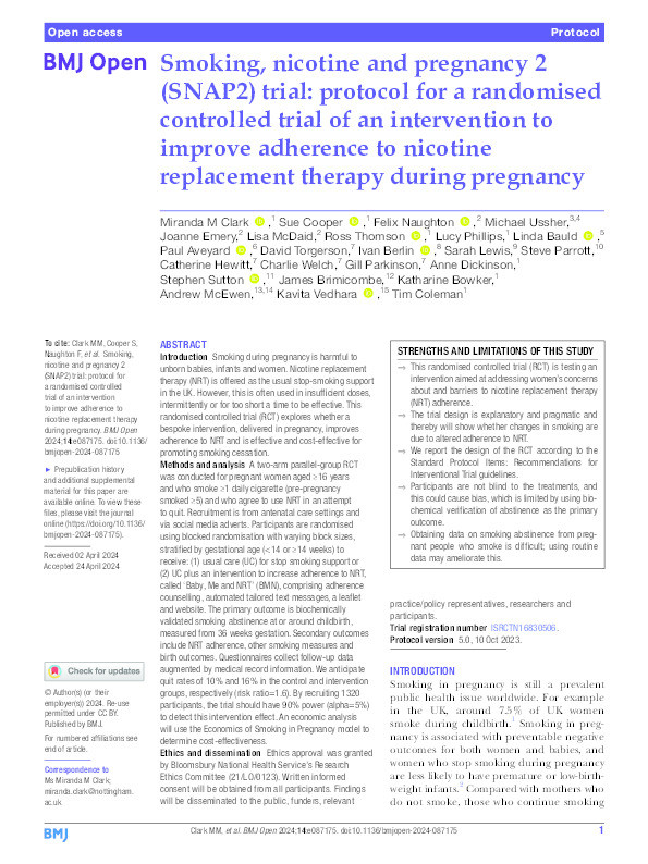 Smoking, nicotine and pregnancy 2 (SNAP2) trial: protocol for a randomised controlled trial of an intervention to improve adherence to nicotine replacement therapy during pregnancy Thumbnail