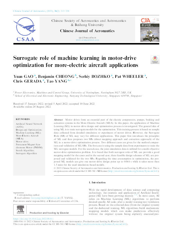 Surrogate role of machine learning in motor-drive optimization for more-electric aircraft applications Thumbnail