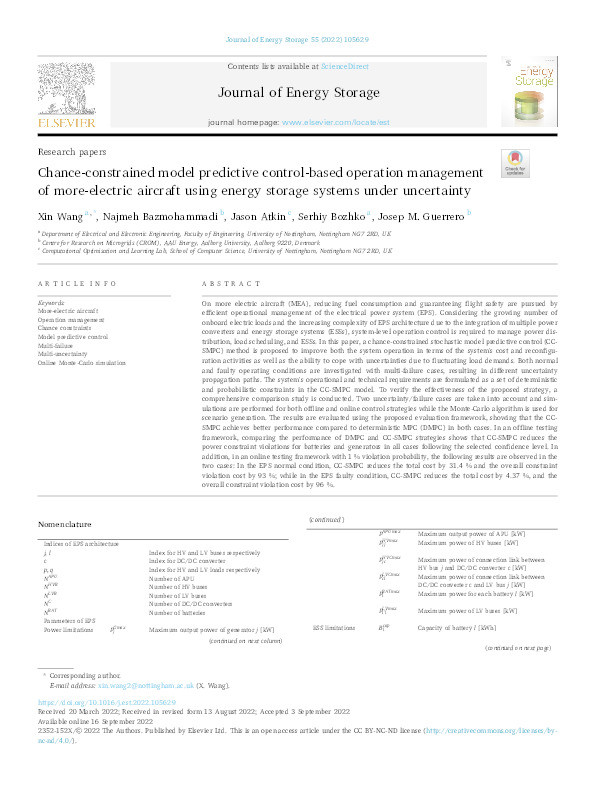 Chance-constrained model predictive control-based operation management of more-electric aircraft using energy storage systems under uncertainty Thumbnail