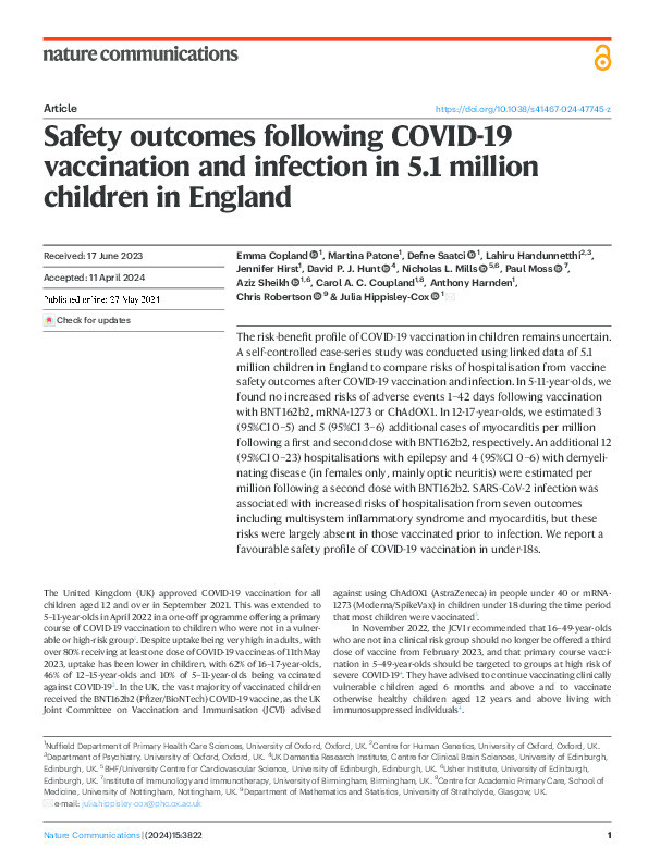 Safety outcomes following COVID-19 vaccination and infection in 5.1 million children in England Thumbnail