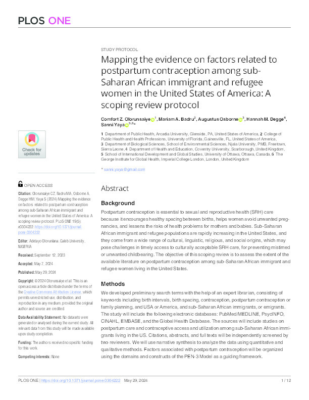 Mapping the evidence on factors related to postpartum contraception among sub-Saharan African immigrant and refugee women in the United States of America: A scoping review protocol Thumbnail