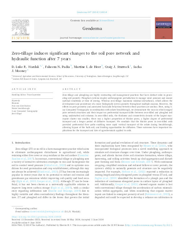 Zero-tillage induces significant changes to the soil pore network and hydraulic function after 7 years Thumbnail