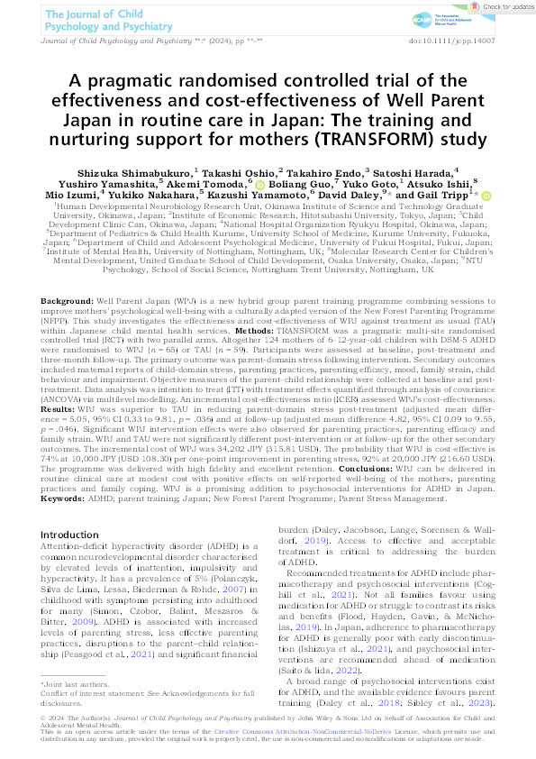 A pragmatic randomised controlled trial of the effectiveness and cost-effectiveness of Well Parent Japan in routine care in Japan: The training and nurturing support for mothers (TRANSFORM) study Thumbnail