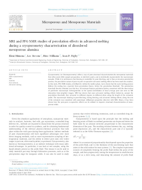 MRI and PFG NMR studies of percolation effects in advanced melting during a cryoporometry characterisation of disordered mesoporous alumina Thumbnail