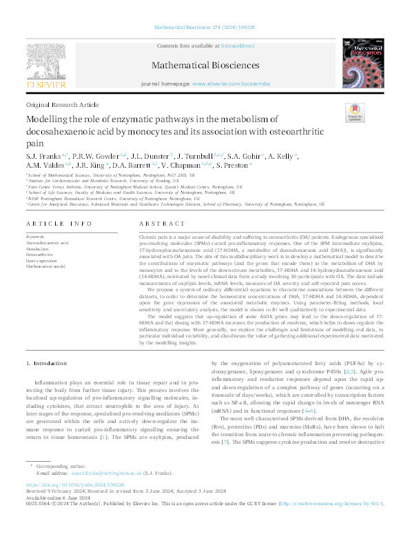 Modelling the role of enzymatic pathways in the metabolism of docosahexaenoic acid by monocytes and its association with osteoarthritic pain Thumbnail