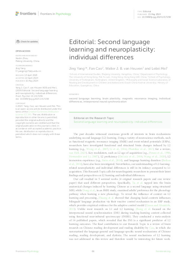 Editorial: Second language learning and neuroplasticity: individual differences Thumbnail