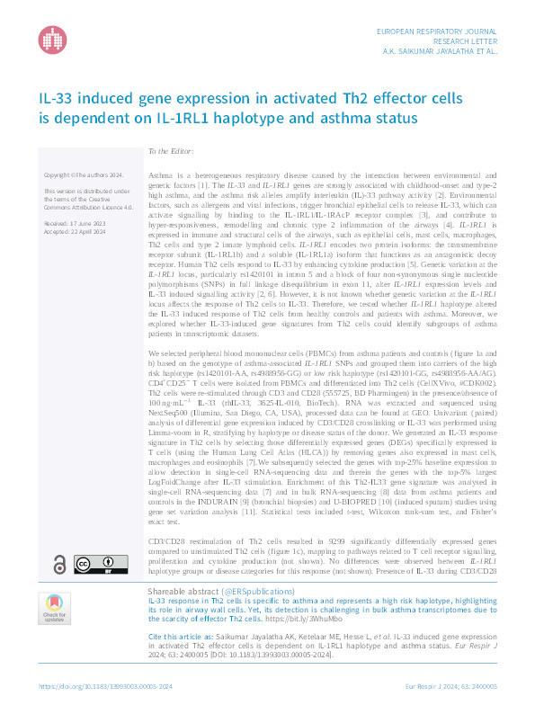 IL-33 induced gene expression in activated Th2 effector cells is dependent on IL-1RL1 haplotype and asthma status Thumbnail