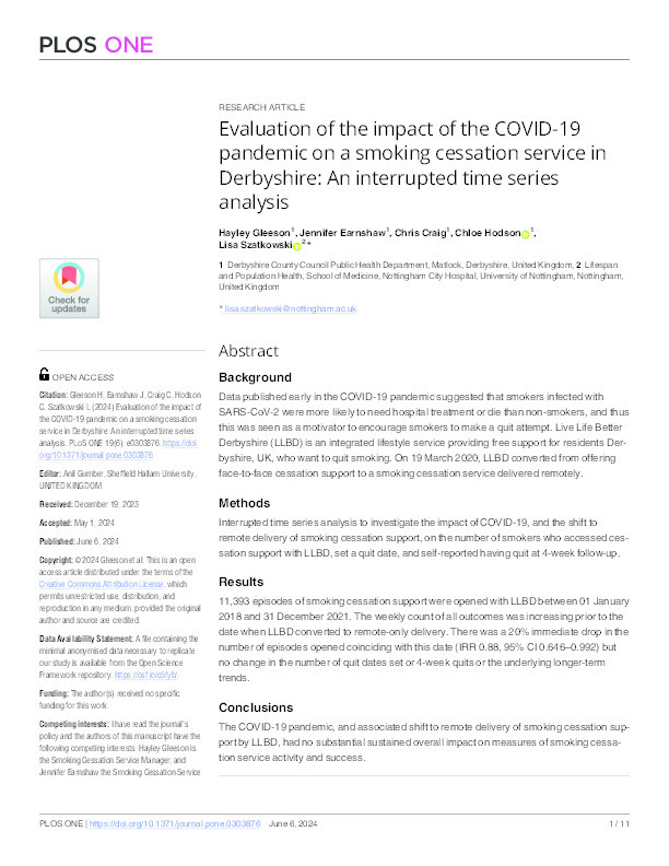 Evaluation of the impact of the COVID-19 pandemic on a smoking cessation service in Derbyshire: An interrupted time series analysis Thumbnail