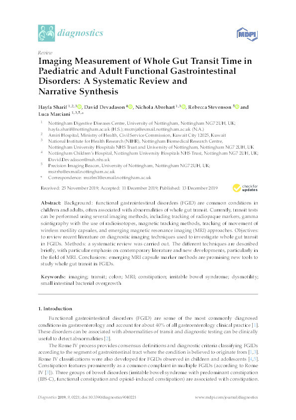 Imaging Measurement of Whole Gut Transit Time in Paediatric and Adult Functional Gastrointestinal Disorders: A Systematic Review and Narrative Synthesis Thumbnail