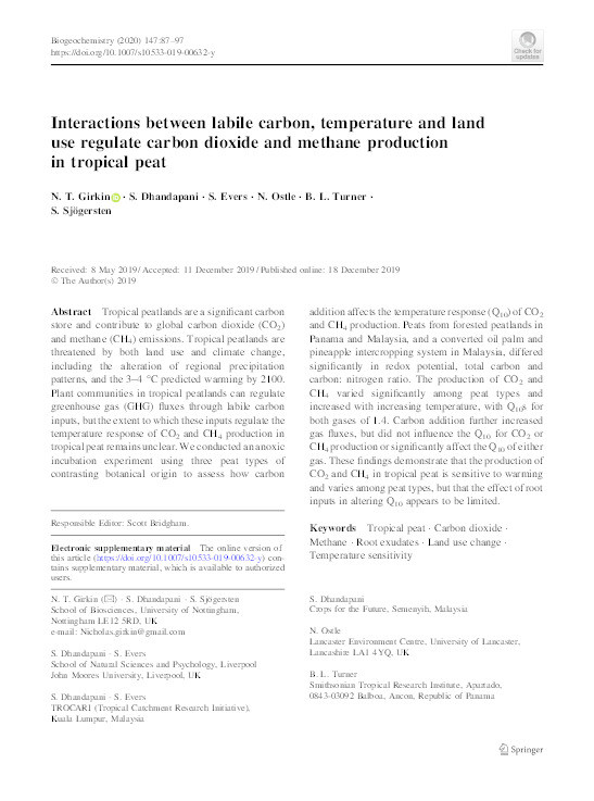 Interactions between labile carbon, temperature and land use regulate carbon dioxide and methane production in tropical peat Thumbnail