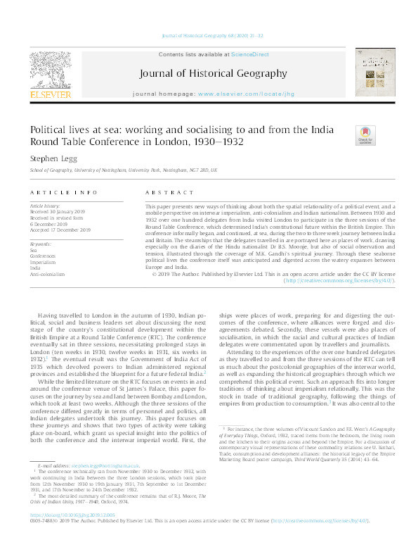 Political lives at sea: working and socialising to and from the India Round Table Conference in London, 1930–1932 Thumbnail