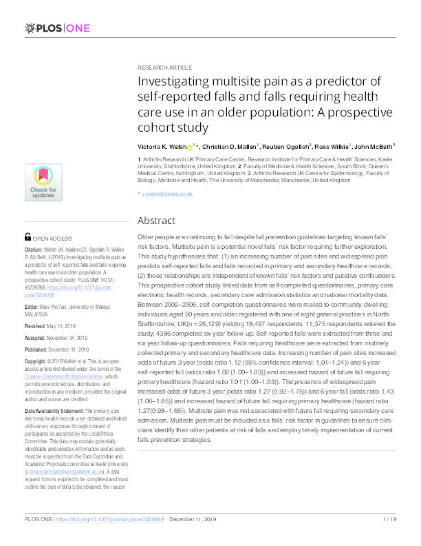Investigating multisite pain as a predictor of self-reported falls and falls requiring health care use in an older population: A prospective cohort study Thumbnail