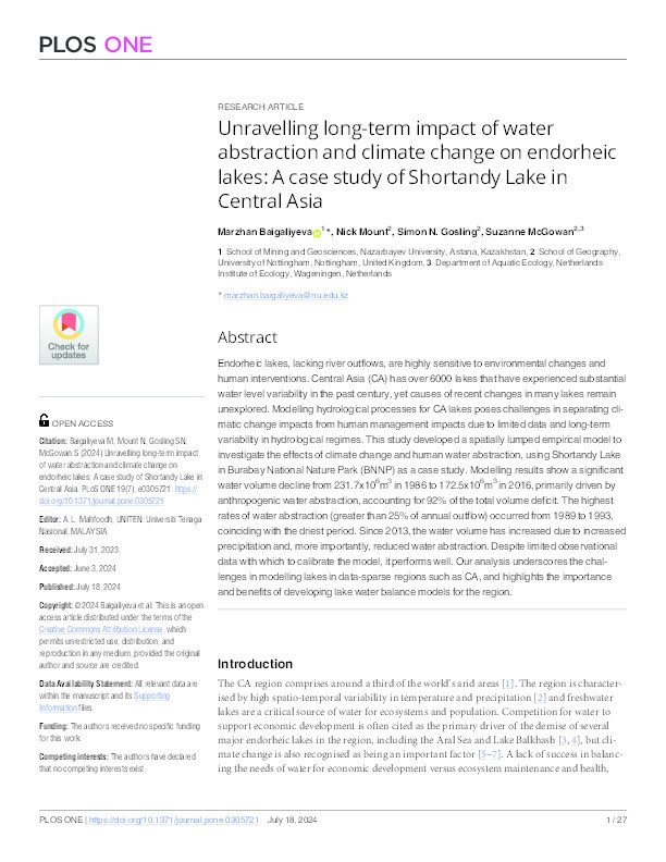 Unravelling long-term impact of water abstraction and climate change on endorheic lakes: A case study of Shortandy Lake in Central Asia Thumbnail