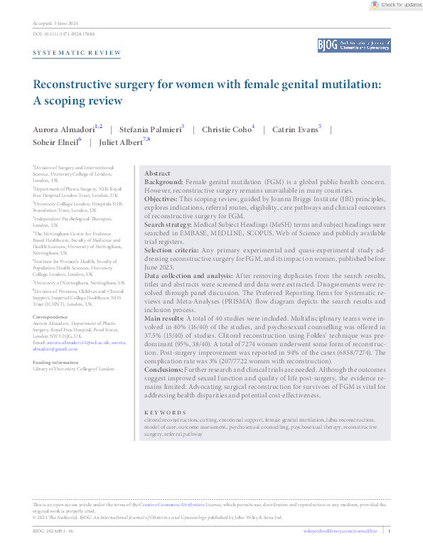 Reconstructive surgery for women with female genital mutilation: A scoping review Thumbnail