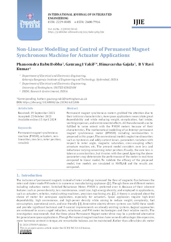 Non-Linear Modelling and Control of Permanent Magnet Synchronous Machine for Actuator Applications Thumbnail