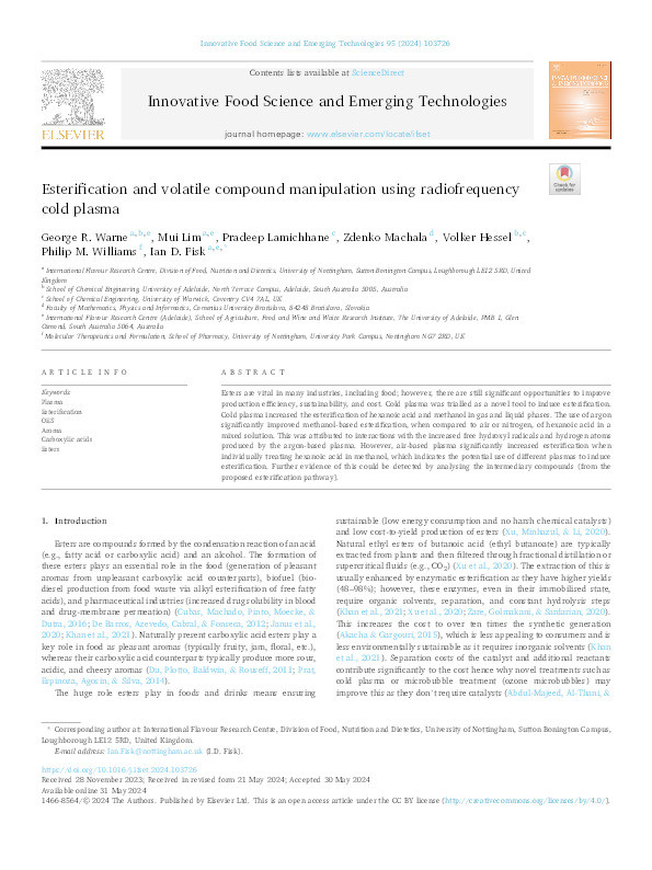 Esterification and volatile compound manipulation using radiofrequency cold plasma Thumbnail