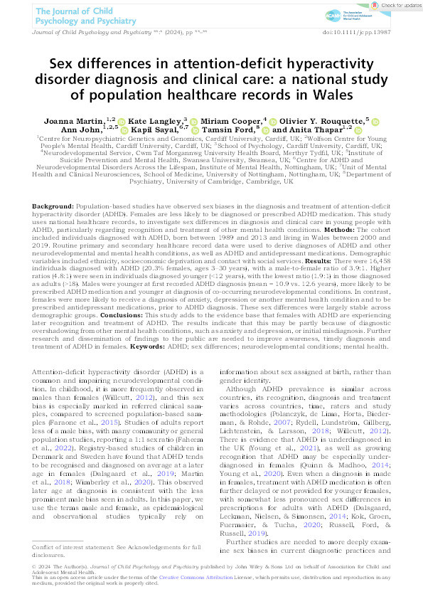 Sex differences in attention‐deficit hyperactivity disorder diagnosis and clinical care: a national study of population healthcare records in Wales Thumbnail