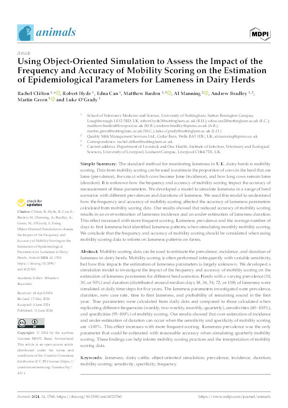 Using Object-Oriented Simulation to Assess the Impact of the Frequency and Accuracy of Mobility Scoring on the Estimation of Epidemiological Parameters for Lameness in Dairy Herds Thumbnail