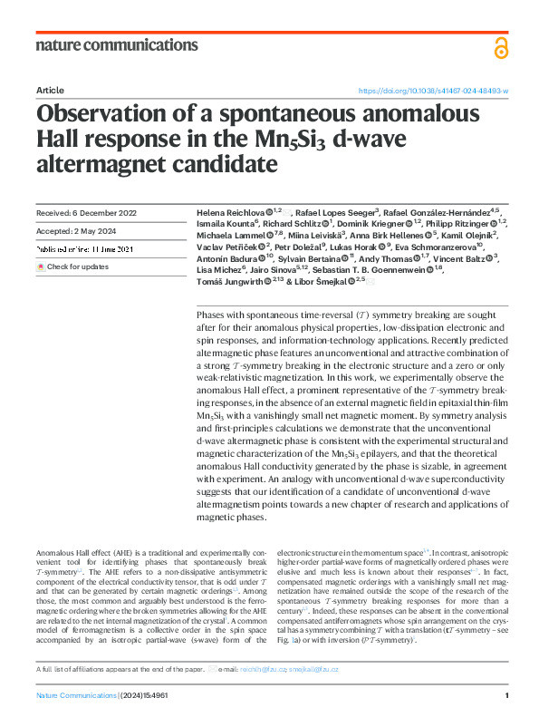 Observation of a spontaneous anomalous Hall response in the Mn5Si3 d-wave altermagnet candidate Thumbnail