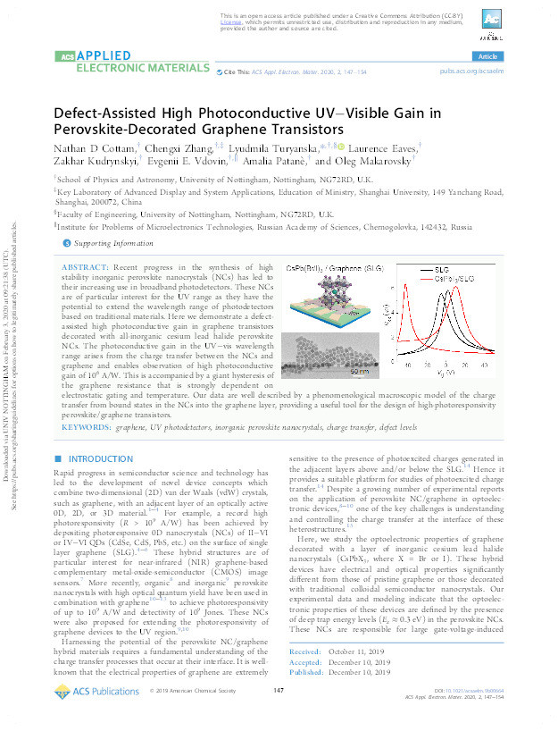 Defect-assisted high photoconductive UV-VIS gain in perovskite-decorated graphene transistors Thumbnail