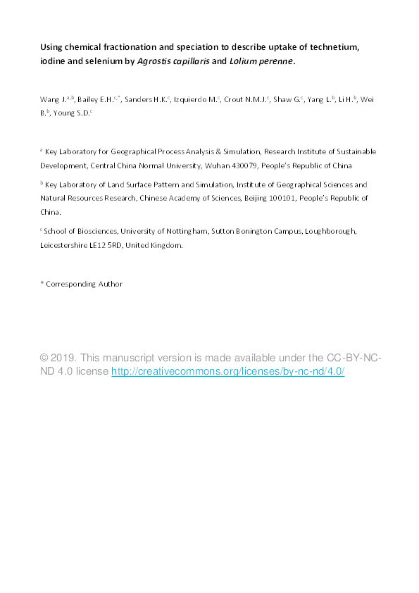 Using chemical fractionation and speciation to describe uptake of technetium, iodine and selenium by Agrostis capillaris and Lolium perenne Thumbnail