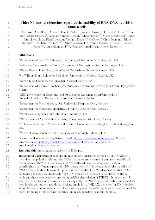 N6-methyladenosine regulates the stability of RNA:DNA hybrids in human cells Thumbnail