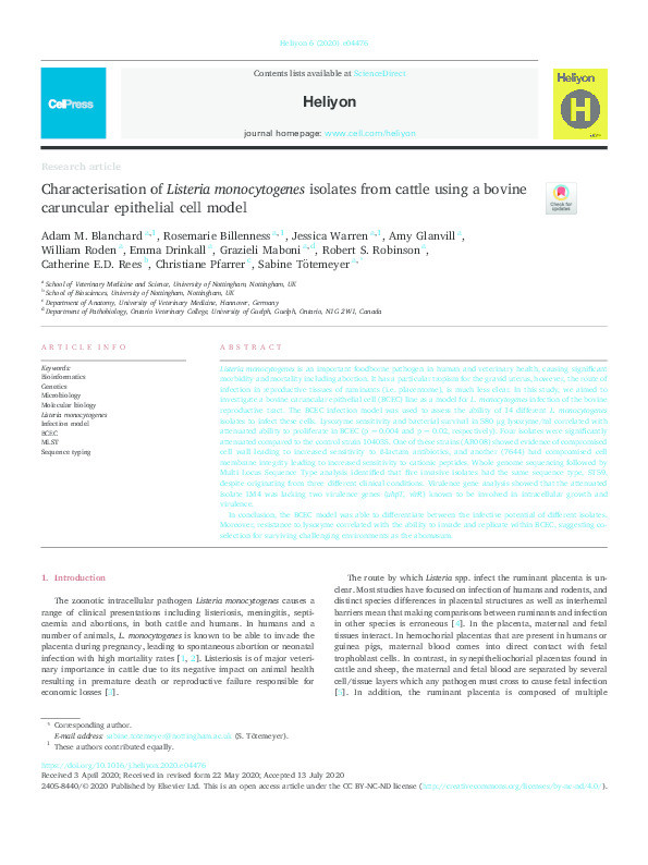 Characterisation of Listeria monocytogenes isolates from cattle using a bovine caruncular epithelial cell model Thumbnail